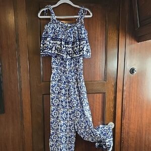 Cropped Blue Patterned Beachy Coastal Jumpsuit